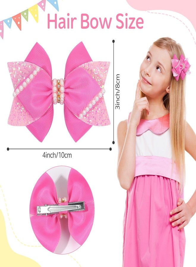 مشابك شعر لامعة مزينة بترتر لامع مقاس 4 بوصات، دبابيس شعر على شكل فيونكة من اللؤلؤ لحفلات الزفاف، مناسبة للمراهقات والأطفال الصغار، إكسسوار لتزيين فساتين حفلات أعياد ميلاد الفتيات المشجعات (وردي) - Image 2